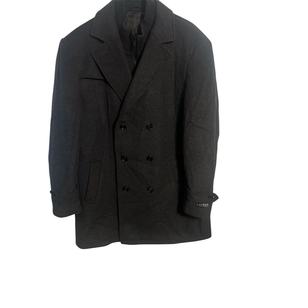 Men's Black Double Breasted Peacoat Size 46L Winter Casual Mid-Length